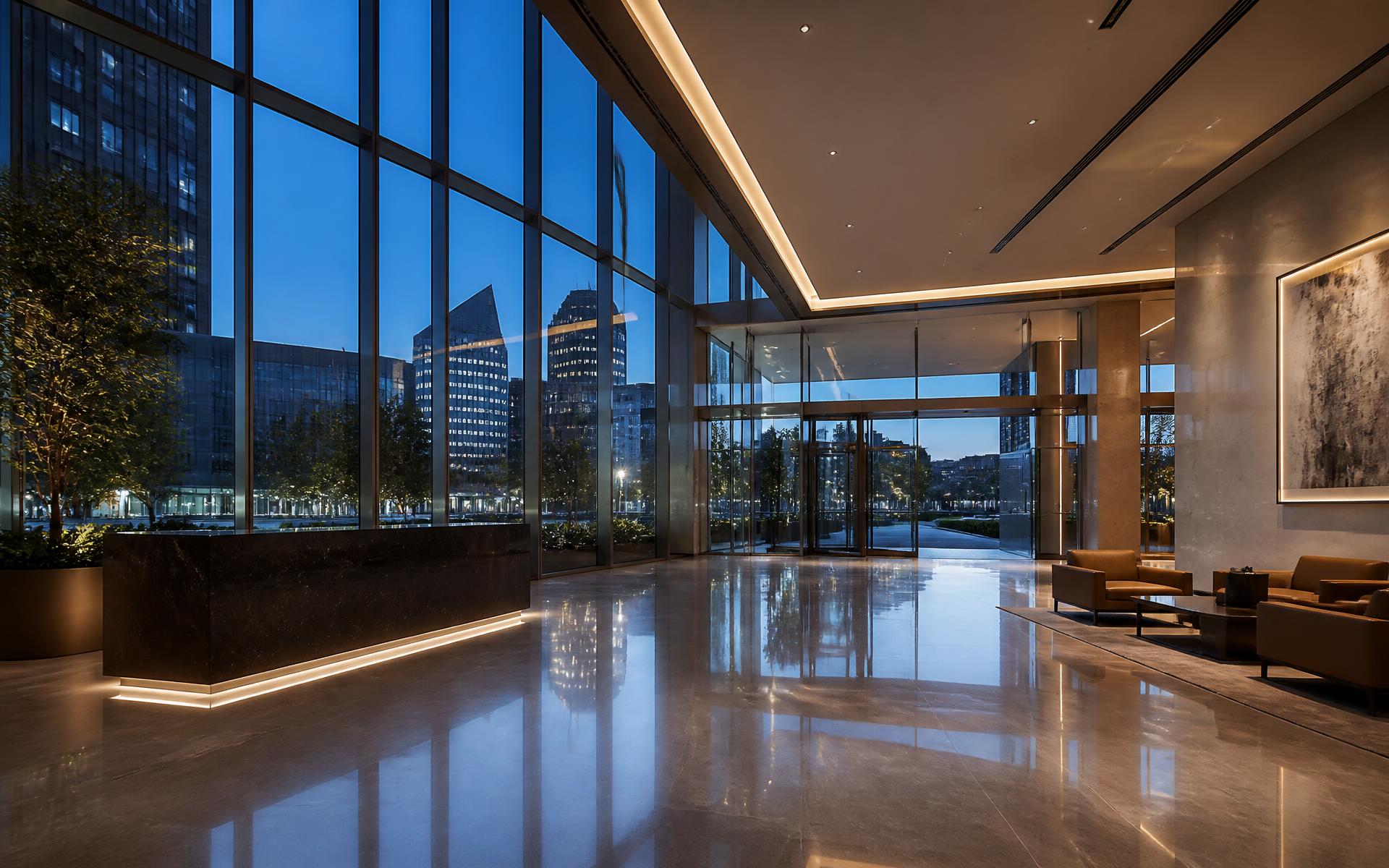 Immaculate modern corporate office lobby maintained by commercial cleaning professionals in South Florida